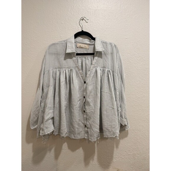Free People Top Medium Picnic Plaid Oversized Dolman Sleeve Button Down  Blue - Picture 1 of 5